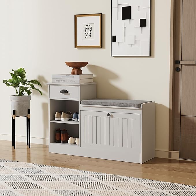 Shoe Storage Bench, Modern Wooden Shoe Cabinet with Flip Drawer and Adjustable Shelf, Entry Way Bench with Padded Seat Cushion for Entryway, Hallway, Living Room,Pebble Grey