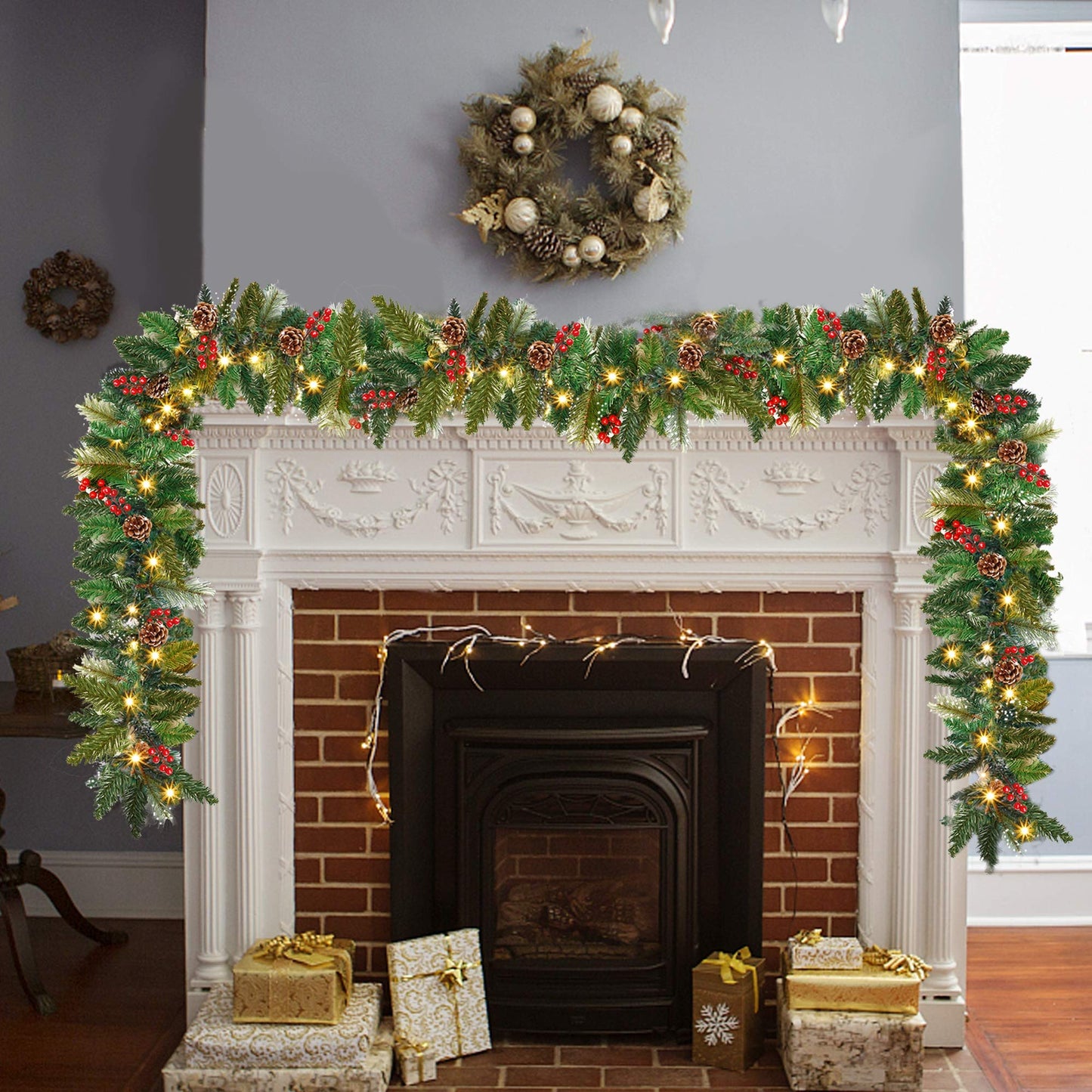 ATDAWN 9 Foot Christmas Lighted Garland, Battery Operated Christmas Garland with Lights, Garland Wreath with Pine Cones for Indoor Home Winter Holiday New Year Xmas Decorations