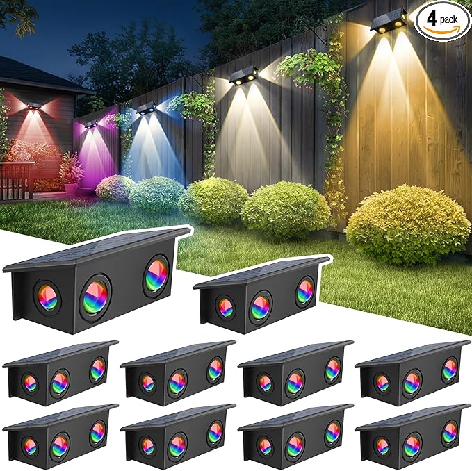 T-SUN Solar Fence Lights Outdoor, Waterproof 8 Mode RGB & Warm White Fence Solar Lights Outdoor, Dusk to Dawn Solar Powered Wall Lights for Backyard Patio Step Deck Railing Pool,10 Pack