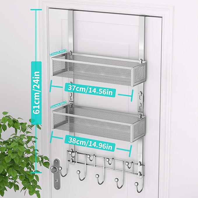 HapiRm Over The Door Hanger with Coat Hooks and 2 Baskets, Rustproof & Waterproof Over The Door Hooks, Storage Organizer for Hats, Bathroom, Kitchen, Bedroom - Brushed Nickel