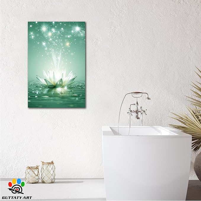 Zen White Lotus Flower Canvas Wall Art, Lotus Floral Pictures Wall Print, Spiritual Water Lily Canvas Prints, Lotus Bloom on Water Poster, Zen Meditation Spiritual Artwork for Yoga Spa Room 12x18 inch
