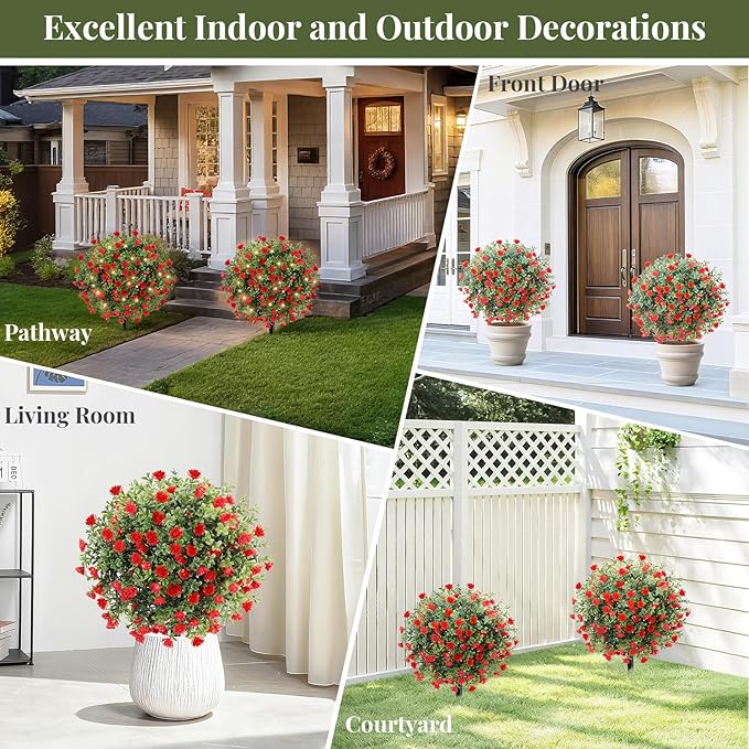Lewondr Artificial Red Flowers Boxwood Topiary Ball with LED Lights,23.6'' Artificial Shrub Bushes with Ground Spike,UV Resistant Faux Greenery Shrubs,Fake Plants for Indoor Outdoor Garden Patio Decor