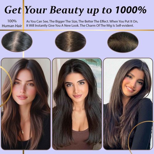 Hair Toppers for Women Real Human Hair, 360°3D Topper for Women with Thinning Crown Wispy Clip in Bangs Breathable Hand Tied Craft Big Coverage Hairpieces(Dark Brown（Big Coverage）, 16 Inch-3D-Wispy)