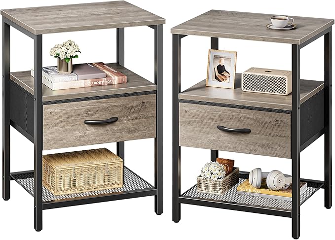 Huuger Nightstand Set of 2, Night Stand with Fabric Drawer, Mesh Shelf, Side Table with Storage, Fabric Drawer Dresser, Open Shelf, Metal Frame, Bedroom, Oak