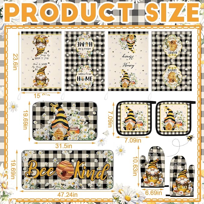 Fourluoo 10 Pcs Bee Kitchen Decor Set 4 Kitchen Towels 2 Pot Holders 2 Oven Mitts 2 Rugs Daisy Decorations for Cooking Baking Mom Housewarming Gifts