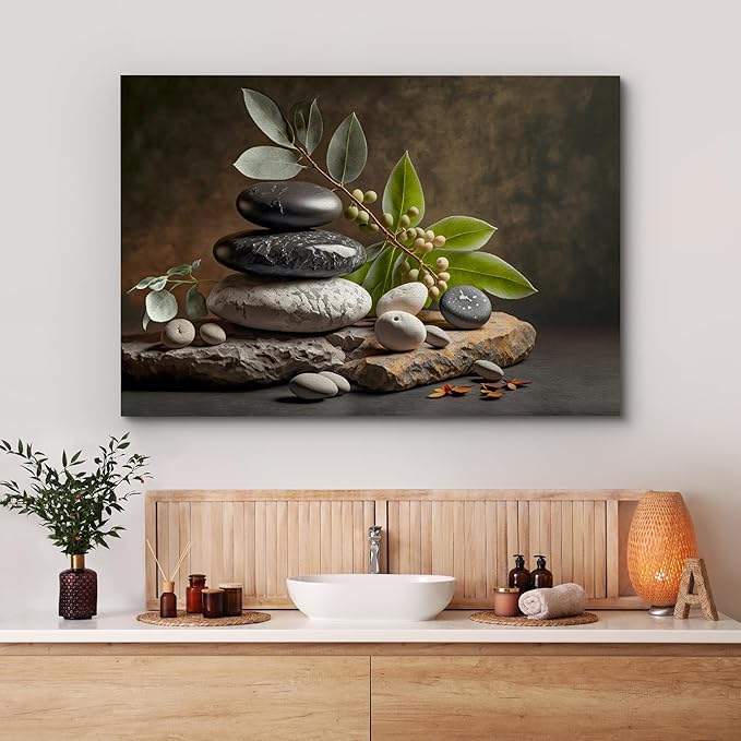 wall26 Canvas Print Wall Art Zen Massage Stone Pebble Bamboo Leaf Nature Wilderness Photography Realism Modern Art Decorative Multicolor Rustic Minimal Relax/Calm/Cozy Colorful for Bedroom - 16"x24"