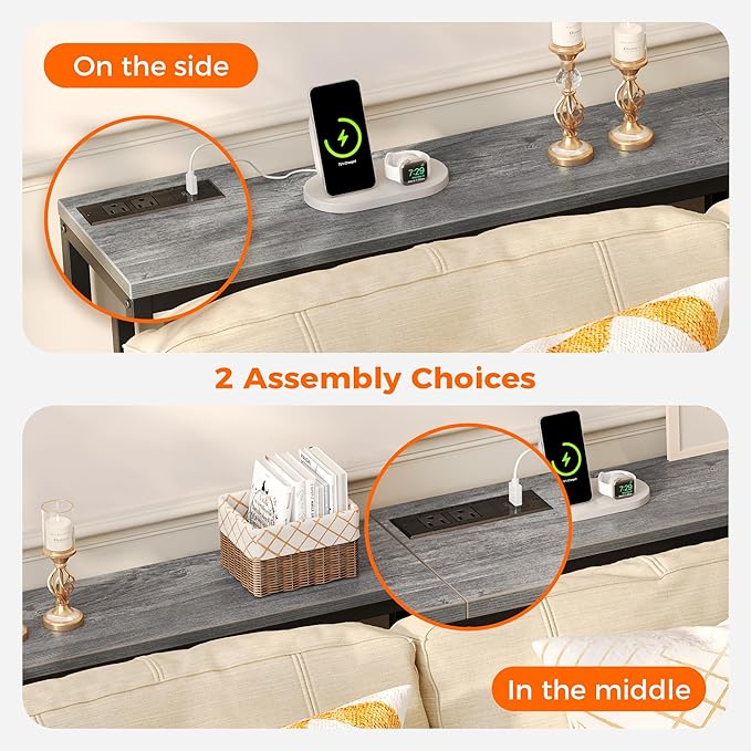 SUPERJARE Console Table with Outlet, 63 Inch Sofa Table with Charging Station, Narrow Hallway Entryway Table, Behind Couch Table Skinny for Entryway, Living Room, Plants, Charcoal Gray