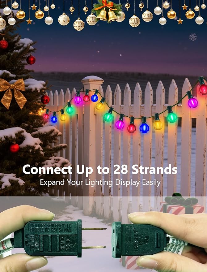 50Ft G40 LED Multicolor Christmas Lights Outdoor, Shatterproof Frosted Globe String Lights with 27 Ceramic Bulbs(2 Spare), Waterproof Hanging Patio Lights for Bistro Porch Party Holiday Decorations