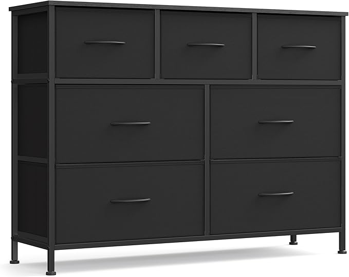 SONGMICS Dresser for Bedroom, Chest of Drawers, TV Stand, Steel, MDF, 7 Non-Woven Fabric Drawers, Storage Organizer Unit, Closet, Entryway, Ink Black and Ebony Black ULGS323B01S