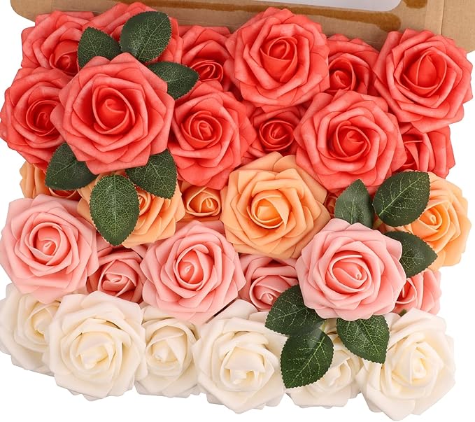 MACTING 30PCS Artificial Rose Flowers Real Touch Fake Flowers with Stem Foam Roses for DIY Wedding Bouquet Table Centerpieces Party Baby Shower Home Party Spring Mothers Day Decor(Mix Coral Series)