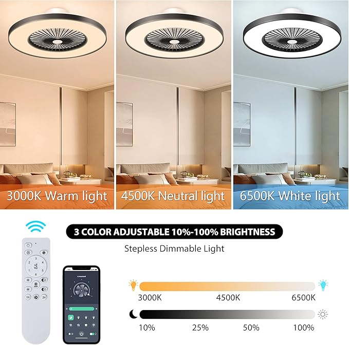 24" Low Profile Ceiling Fan with Light, Modern Flush Mount Bladeless Ceiling Fan with APP & Remote Control, 6 Speeds Silent DC Motor, 3-Color Dimmable LED, Matte Black
