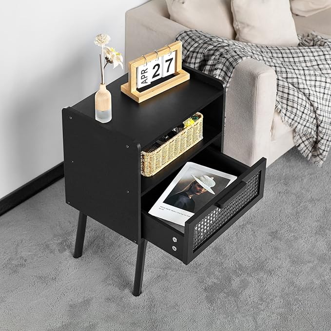 Lerliuo Rattan Nightstand, Side Table with Drawer Open Shelf, Cane Accent Bedside End Table with Solid Wood Legs, Mid Century Modern Night Stand for Bedroom, Dorm and Small Spaces (Black)