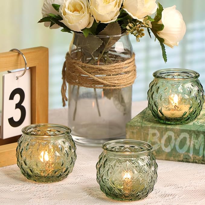 DARJEN Green Votive Candle Holders Set of 24- Round Glass Candle Holders Bulk for Flameless LED Tea Waxes, Candle Holder for Wedding Shower & Home Table Decor, Various Parties