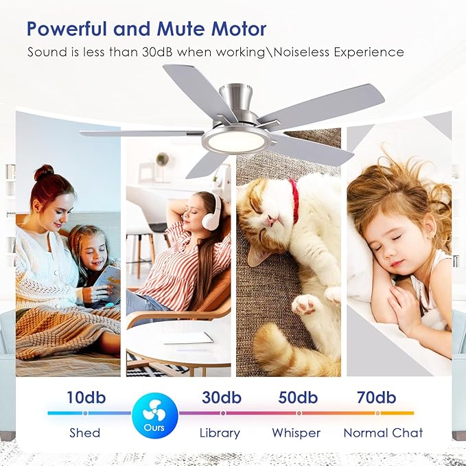 52" RGB Ceiling Fan with Light and Remote/App - Flush Mount Ceiling Fan Light with Reversible Mute Motor, RGB Ring, 5 Dual-Sided Blades, Low Profile Ceiling Fans for Indoor, Party