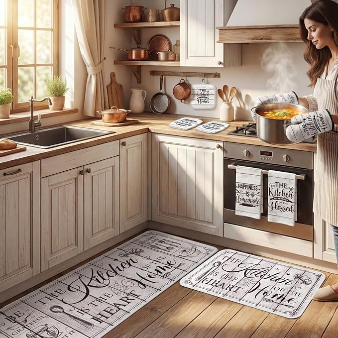Fourluoo 10 Pcs Farmhouse Kitchen Decor and Accessories Set 4 Kitchen Towels 2 Pot Holders 2 Oven Mitts 2 Rugs for Cooking Baking Mom Housewarming Gifts (Unadorned Color,Stitched Wood Grain)