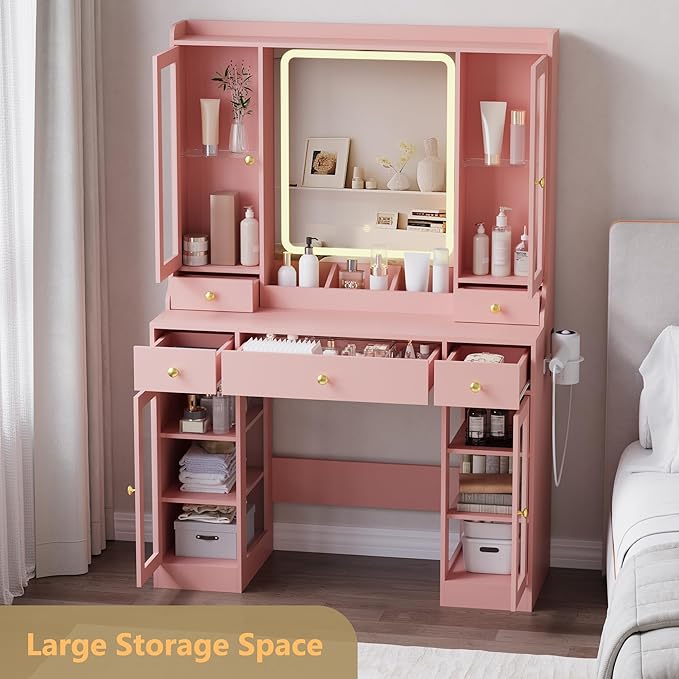 Vanity Desk with Mirror and Lights, Pink Makeup Vanity Table with 3 Modes & Adjustable Brightness, Glass Cabinets, Drawers, Outlet, Modern Dressing Table for Bedroom, Girls, Women, Teens