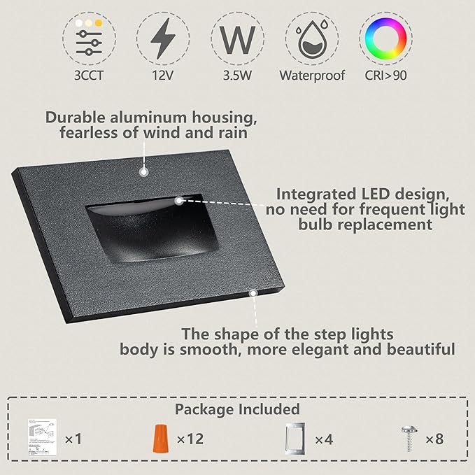 FTL Stair Lights Indoor LED Step Lights Outdoor, 3CCT 12V Low Voltage Deck Step Light 3000K/4000K/5000K 3.5W 150LM, Horizantal Waterproof Black Aluminum Light for Steps, 4-Pack