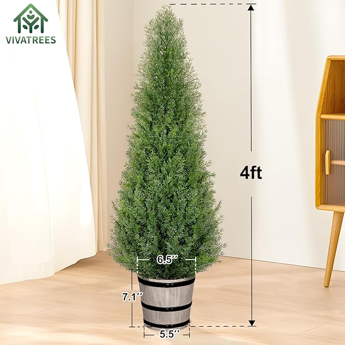 4FT Artificial Cedar Topiary Trees with Rustic Barrel Planter, Outdoor Indoor Realistic Faux Pine Shrubs Plants, Fake Cypress Trees for Home Offices Porch Decor, Set of 2