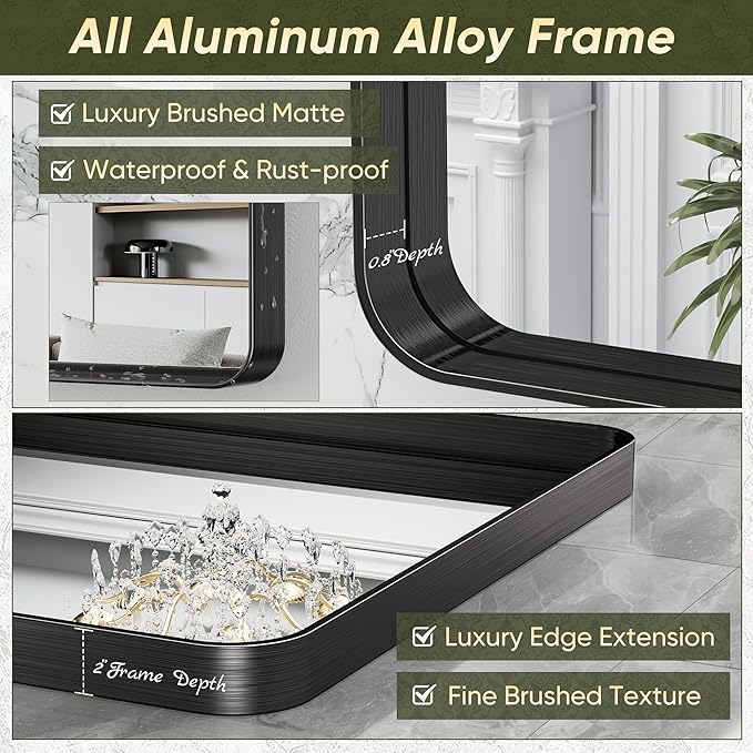 Suidia Bathroom Mirror, 72" x 36" Wall Mirror Metal Framed, Bathroom Vanity Mirror for Living Room Bedroom Bathroom Entryway, Black, Rounded Corner Style