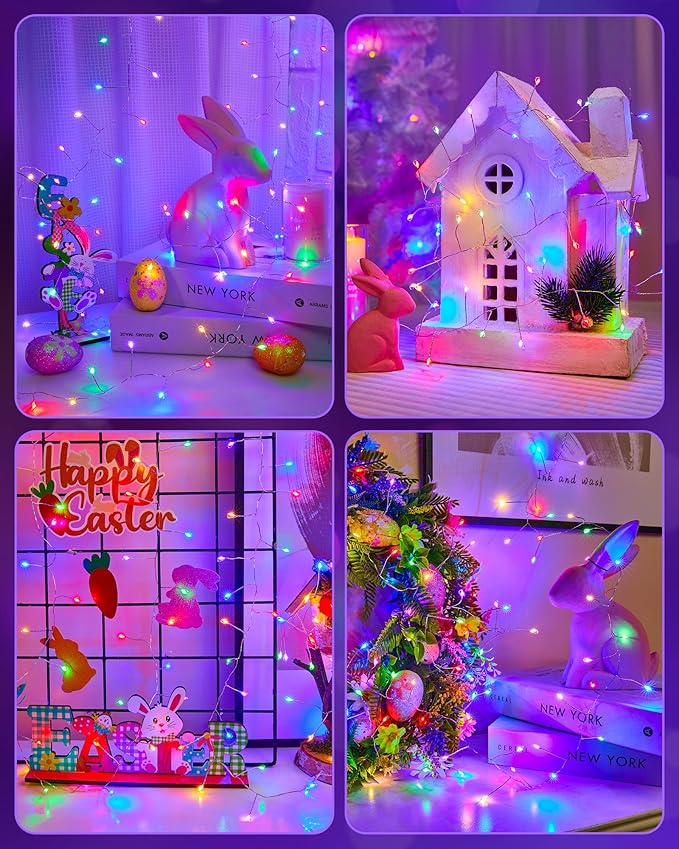 Fairy Lights Battery Operated, Twinkle String Lights Silver Wire 5 FT 60 LED Firecracker Starry Lights for DIY Wreath Home Wedding Bedroom Mason Jar Holiday Easter Decoration, Pink + Multicolor