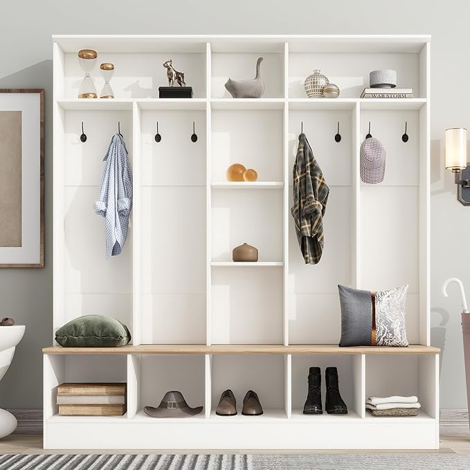 Wide Hall Tree With Shoe Storage Bench, Minimalist Entryway Coat Rack, Cube Storage and Shelves, Multifunctional Mudroom With 8 Hooks for Hallway (White)