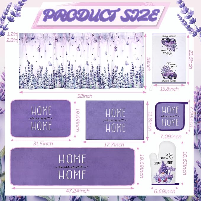 16 Pcs Lavender Kitchen Decor Set 4 Purple Kitchen Towels 4 Lavender Placemats 2 Non Slip Rugs and Mats for Floor 2 Spring Oven Mitts Gloves 2 Pot Holders 2 Floral Curtains for Home Decoration Gift