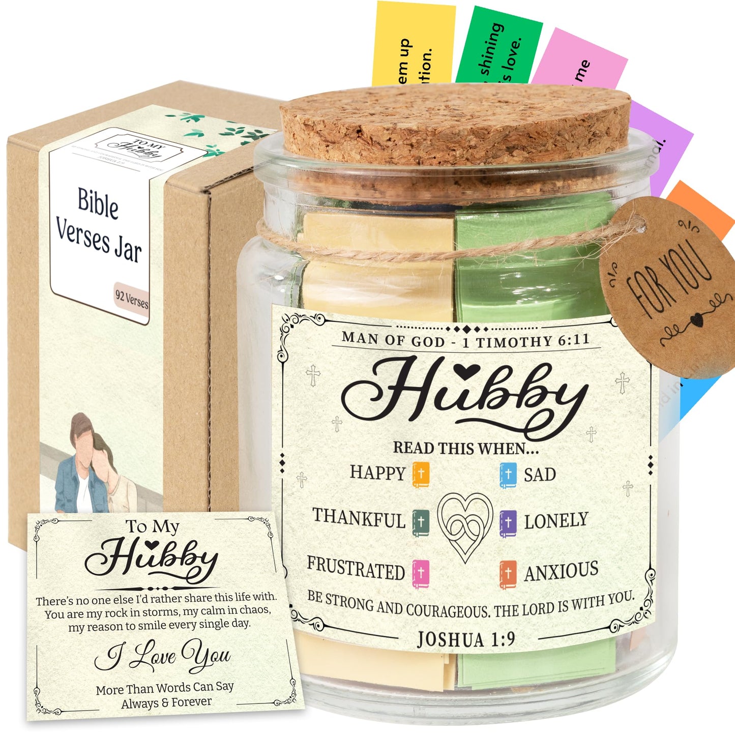 Bible Verse Jar for Husband – 92 Inspirational Scriptures by Emotion, Christian Gift from Wife to Hubby, Encouragement Jar for Men, Thoughtful Faith-Based Gift