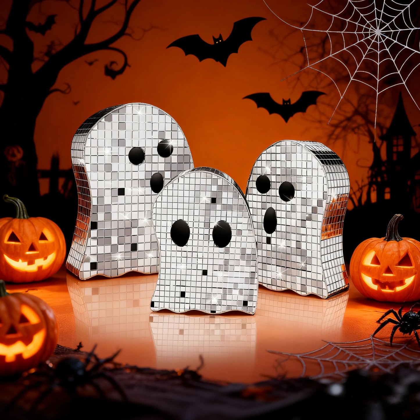 3 Pcs Halloween Disco Ghost Decor,5.9" 7"" 8.2"" Ghost Mirror Disco Ball Indoor Glitter Spooky Ghost Sign Halloween Tiered Tray Decor Mosaic Table Centerpiece for Party Gift (Silver)"