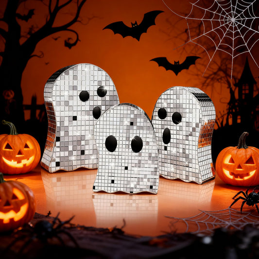 3 Pcs Halloween Disco Ghost Decor,5.9" 7"" 8.2"" Ghost Mirror Disco Ball Indoor Glitter Spooky Ghost Sign Halloween Tiered Tray Decor Mosaic Table Centerpiece for Party Gift (Silver)"