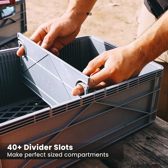 SIDIO CRATE Starter Pack - Two Full Size and One Half Size Heavy Duty Stackable Storage Bins, Totes with Lids and Dividers - Durable Organizer for Home, Office, Garage, and Outdoor Use - Aircraft