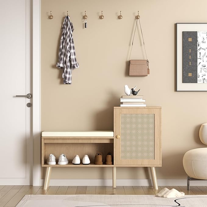 2-in-1 Shoe Storage Bench with Removable Seat Cushion, PP Rattan Shoe Cabinet with Rattan Doors, Modern Entryway Bench, Shoes Storage Organizer for Entryway Hallway Small Space, Natural