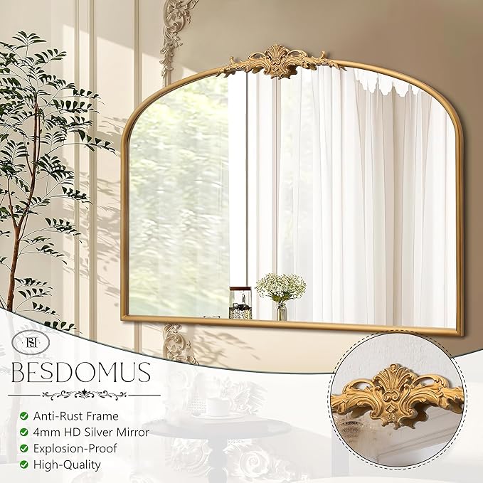 Besdomus Antique Arched Gold Mirror: 40"x29" Large Gleaming Gold Vintage Wall Mounted Mirror - Baroque Traditional Ornate for Bedroom/Bathroom/Fireplace/Entryway - Home Decor for Homemakers
