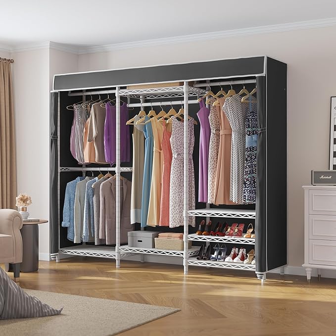 VIPEK V5C Bedroom Armoires Portable Clothes Closet Rack, White Metal Clothing Rack with Black Cover, Adjustable Custom Freestanding Closet Wardrobe Heavy Duty Covered Clothes Rack, Max Load 890LBS