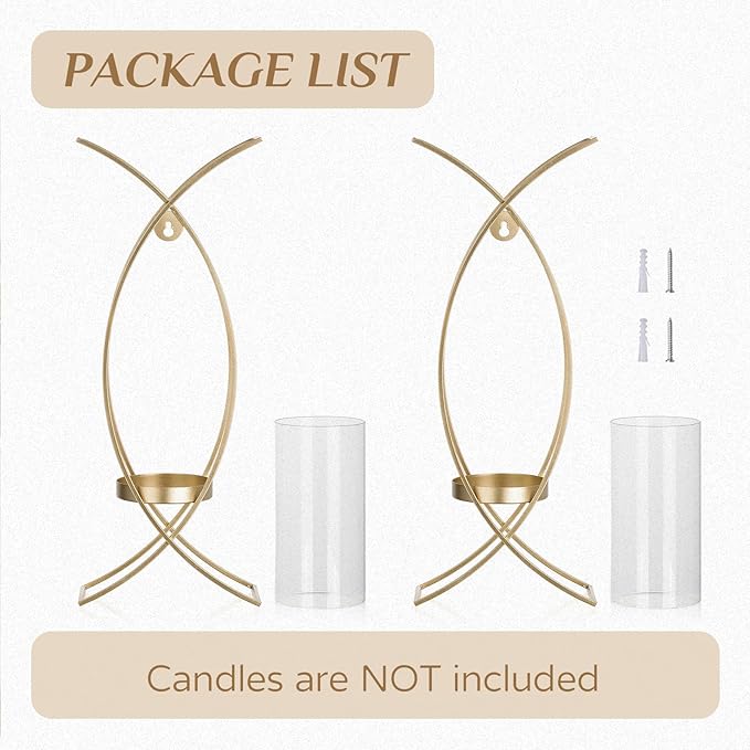Sconces Wall Decor Set of 2 Hurricane Candle Holder - Modern Decorative Candle Wall Sconce Golden Metal Wall Mount Gold Decorations for Living Room Bedroom Bathroom Hallway Outdoor