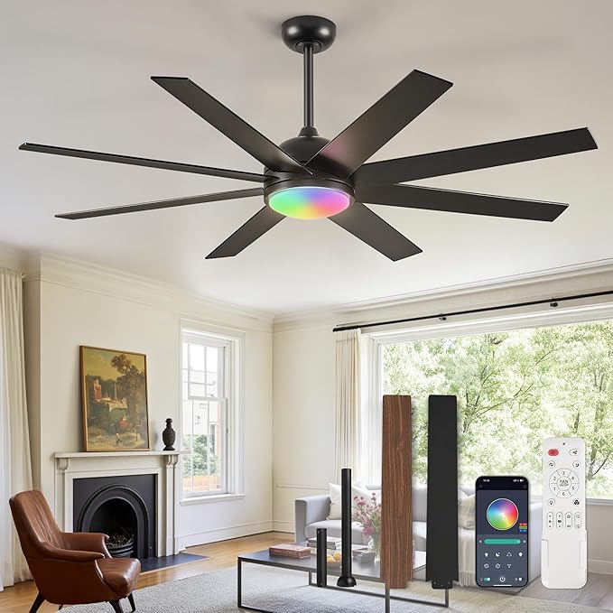 Fanbulous 60 Inch RGB Ceiling Fans with Lights and Remote&APP Control, Black Smart Ceiling Fan with Quiet Reversible DC Motor, 6 Speeds, 3CCT, Dimmable, Large Ceiling Fan for Living Room Bedroom