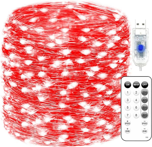 Fairy Lights 66ft 200 LED USB Twinkle String Lights Plug in Silver Wire Lights with Remote and Timer 8 Modes Outdoor Waterproof Starry Lights DIY Party Wedding Christmas Decoration（Red）