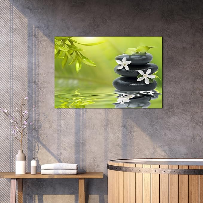 GUTTATY Zen Wall Art Decor, Modern Bathroom Zen Decor Wall Art, Canvas Wall Art for SPA Zen Room Decor, Green Bamboo Leaves and Pebble Relaxing Zen Art Prints for Office & SPA Wall Decor 18x24 Inches