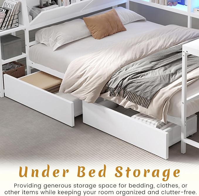 Full Corner Bed Frame with Desk, LED Lights & Charging Ports, L-Shaped Daybed with Storage Drawers, Bookcase & Open Shelves, Modern Full Size Daybed for Kids, Teens & Compact Bedrooms,White