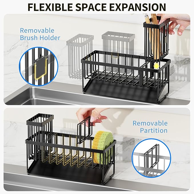 Cisily Sink Caddy Sponge Holder for Kitchen with Brush Holder and Stainless Steel Self Drain Tray, Rustproof Kitchen Sink Organizer for Sponge, Soap Dispenser Storage Accessories