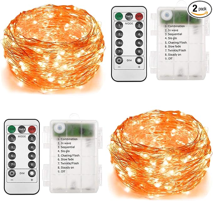 Twinkle Star 2 Pack Orange Halloween Fairy Lights Battery Operated, Total 66 ft 200 Led String Lights Remote Control Timer Silver String Light 8 Modes Firefly Lights for Garden Party Indoor Decor