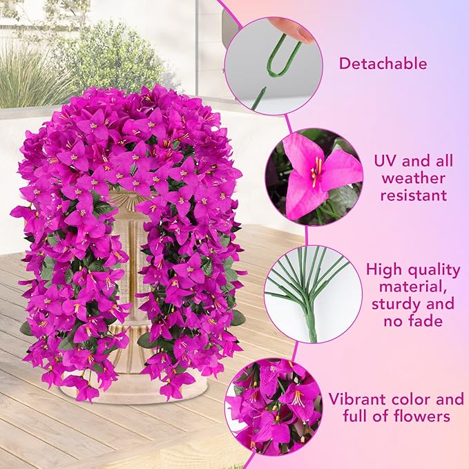 Artificial Bougainvillea Flowers for Outdoor Plant,4 pcs Faux Hanging Flowers Bougainvillea for Outside Decoration,Fake Silk UV Resistant Vines for Front Door Porch(Fuchsia)