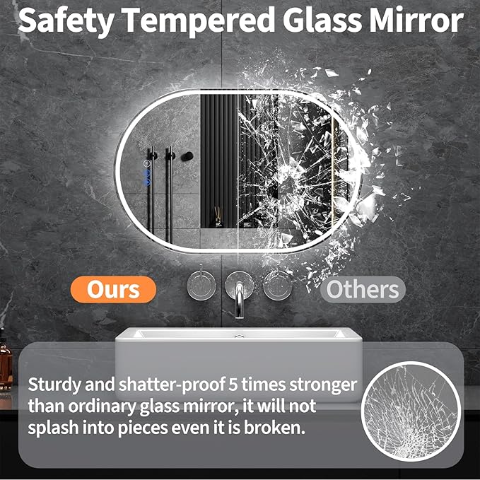 Oval LED Bathroom Mirror, 22"x 36" Frameless LED Mirror with Front Light and Backlit, Anti-Fog, Dimmable Modern Wall Mounted Lighted Mirror，Pill-Shaped Smart Mirror Bathroom