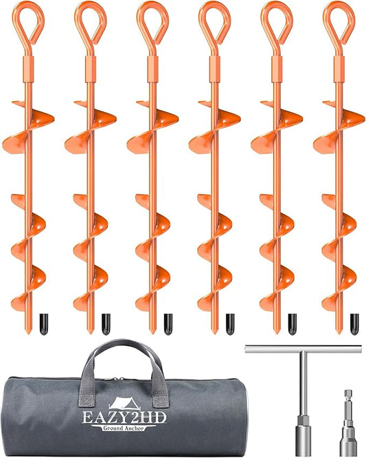 15 Inch Ground Anchors Screw in, 6 Pack Heavy Duty Tent Stakes with T Handle Hex Wrench and Power Nut Driver, Upgraded Metal Trampoline Stake Spiral Anchor Kit for Camping Tent, Swing Set, Canopy