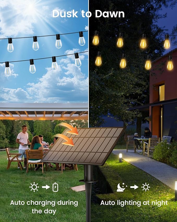 Torkase 60FT Solar Outdoor String Lights, 18+1 Shatterproof LED Bulbs, Waterproof, USB Rechargeable, 2200K Warm White, Energy-Saving Hanging Patio Lights for Garden, Porch, Bistro, Deck, Camping