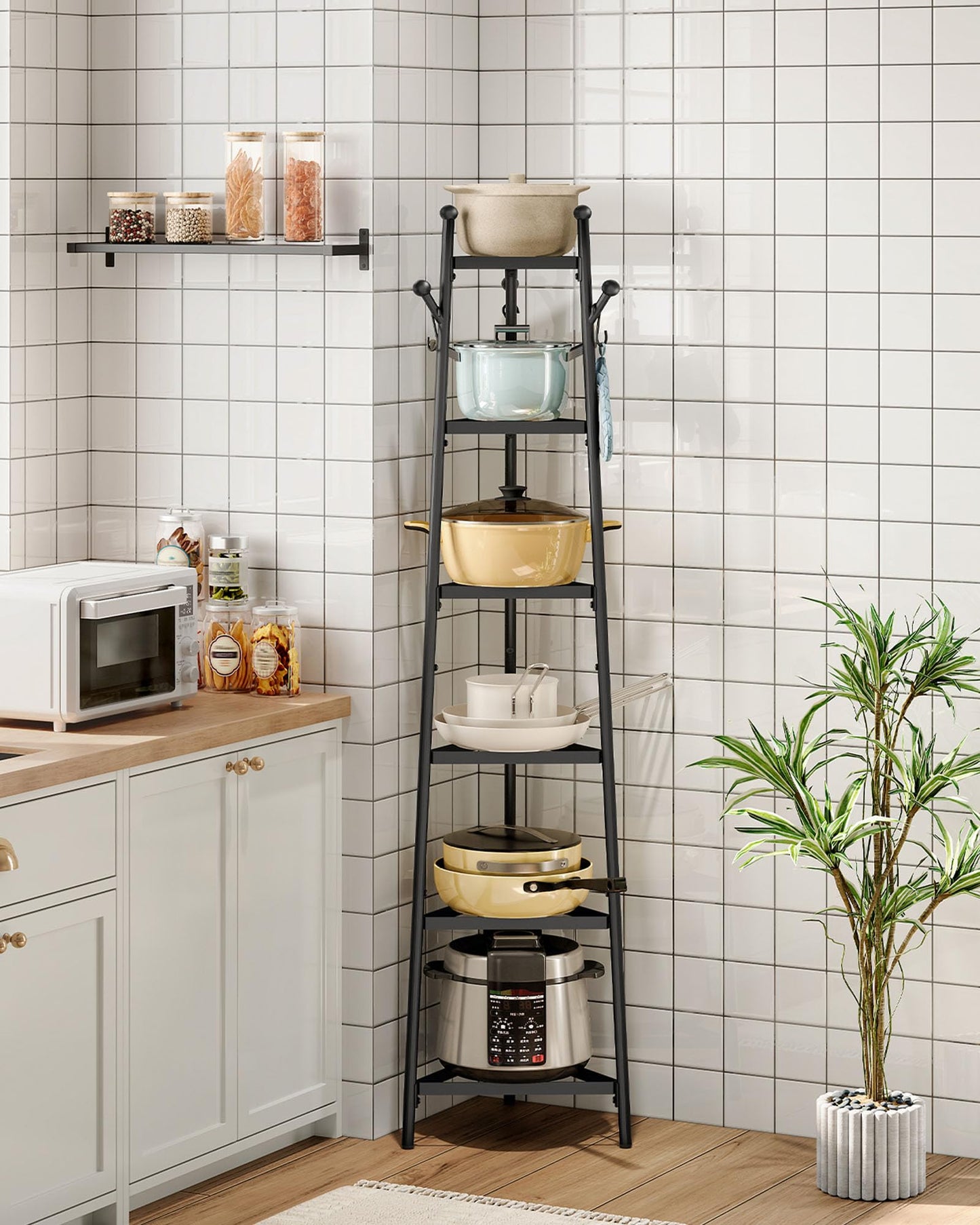 CHOEZON Pot Racks, 6-Tier Cookware Stand, Triangle Shelf Storage Tower for Kitchen, Pans Pots Storage Rack, Metal Wire Shelf Organizer, Corner Shelf, for Kitchen, Living Room, Black TPR15BB