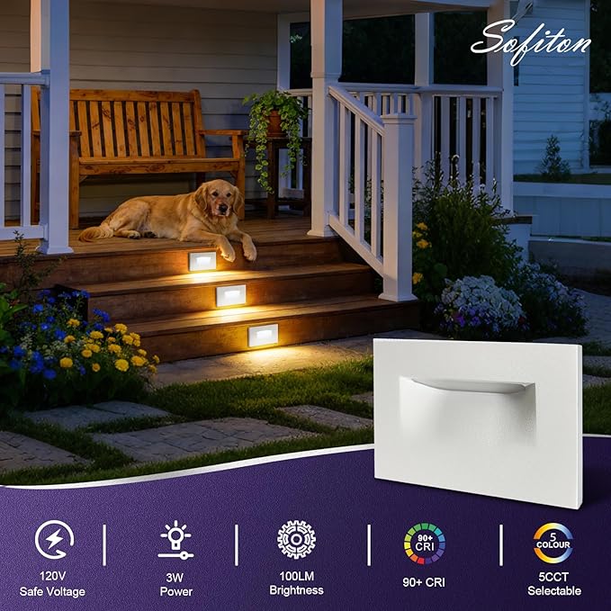 4-Pack Horizontal LED Step Lights, Color Adjustable (2700K-5000K), IP65 Waterproof, 3W 100LM, 120V Stair Lights Indoor Outdoor, 10%-100% Dimmable, White, ETL Certified