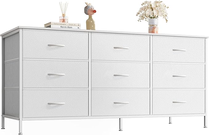 Huuger 9 Drawer Dresser, 47 Inch TV Stand for 50, 55 Inch TV, Entertainment Center with Drawers, Fabric Dresser Chest of Drawer for Bedroom, Closet, PU Leather Surface, White