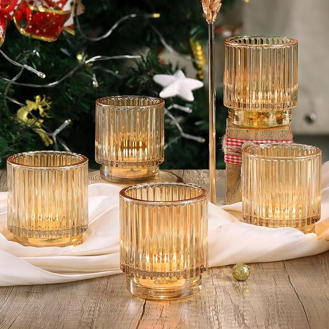 DEVI 8pcs Large Gold Votive Candle Holders for Wedding Centerpieces, Glass Tea Lights Candle Holder Decor, Wedding Bridal Shower Party Table Decor, Vintage Boho Easter Decor for Table