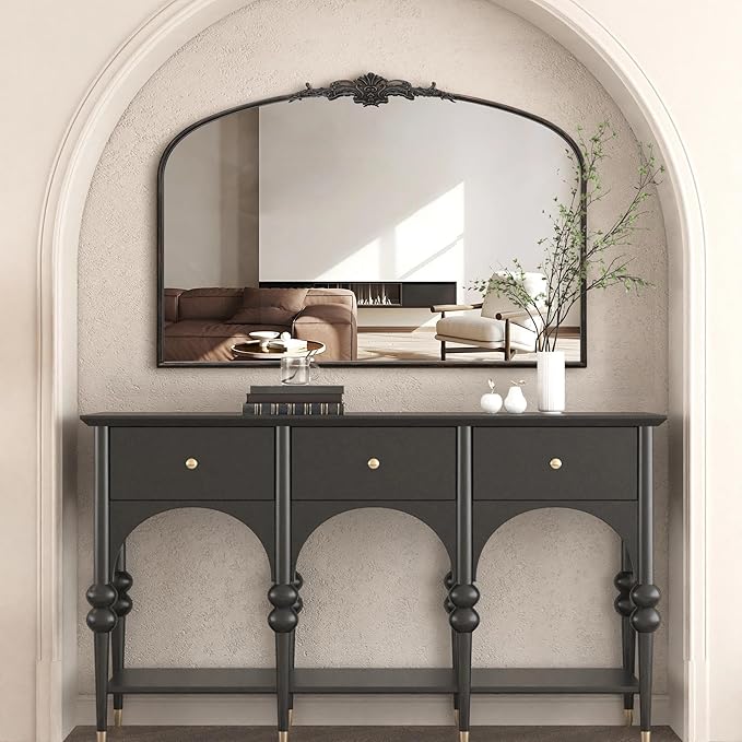 Besdomus Antique Arched Large Mirror: 48"x33" Oversize Black Arch Antique Wall Mounted Mirror - Baroque Traditional Ornate for Living Room/Fireplace/Bathroom- Home Decor for Interior Designers