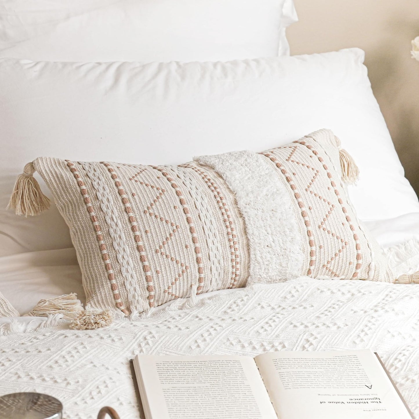 BlissBlush Decorative Lumbar Throw Pillow Cover 12x20 Cream Neutral White Rectangular Boho Accent Pillowcase Farmhouse Cushion for Couch Sofa Bedroom Living Home Décor (Cover ONLY, Pack of 1)